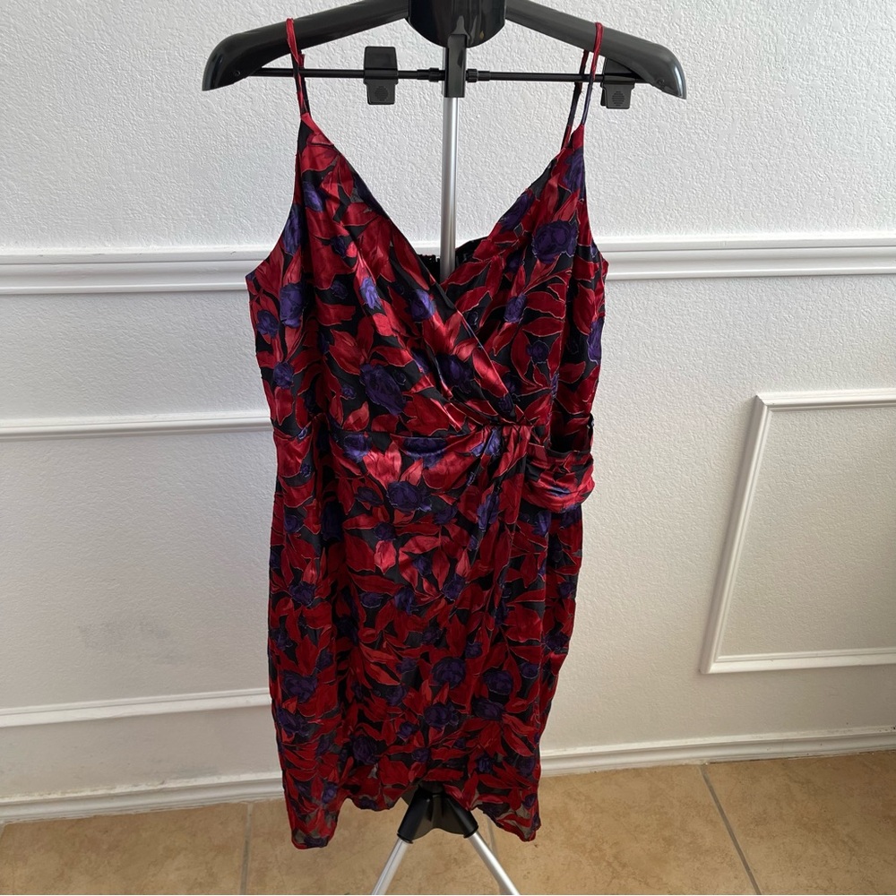 Worthington Red and Purple Leaf Print Mini Dress
